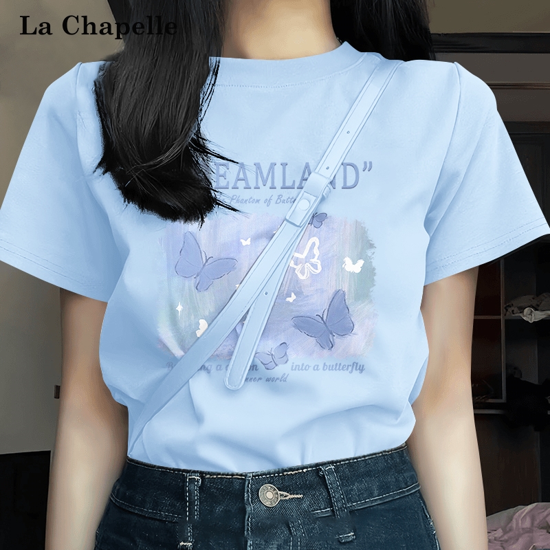 拉夏贝尔蓝色纯棉正肩短袖T恤女2025夏季新款爆款韩系小个子上衣X