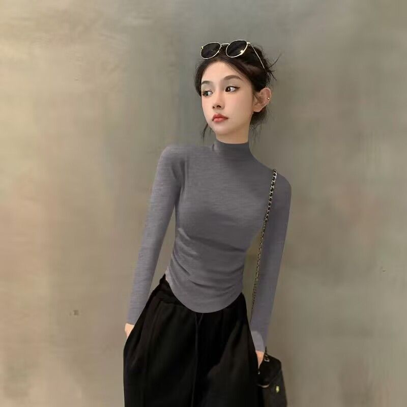 2025新款秋冬暗灰色半高领长袖打底衫女不规则下摆抽褶内搭上衣潮