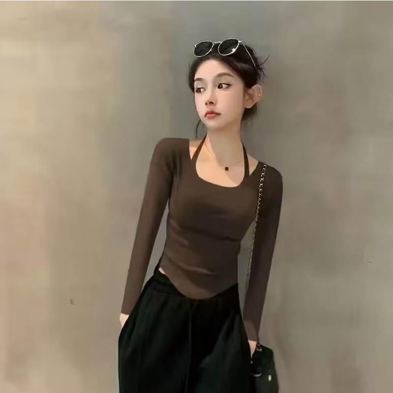 2025新款秋冬咖色长袖T恤女挂脖不规则下摆短款正肩螺纹薄款上衣
