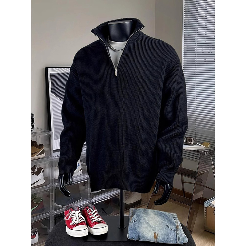 美式半拉链毛衣男款秋冬季高级感慵懒风针织衫纯色百搭打底毛线衣