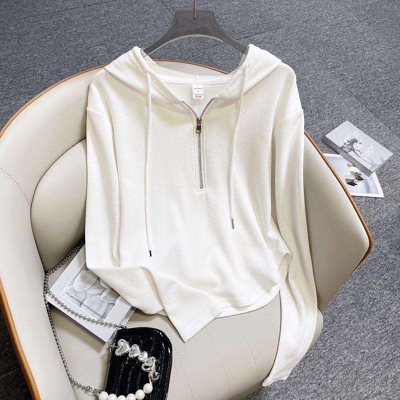 HONG JIA LIN/虹嘉琳别致连帽半拉链长袖秋季弧形大码修身显瘦t恤