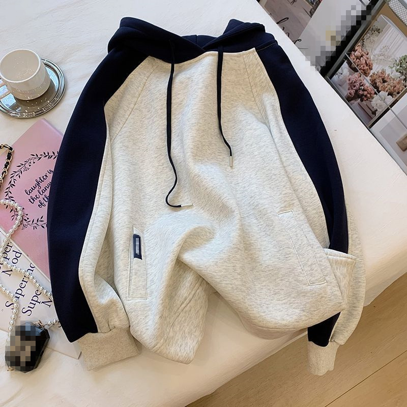 HONG JIA LIN/虹嘉琳大码230斤休闲设计感连帽男女撞色插肩袖上衣