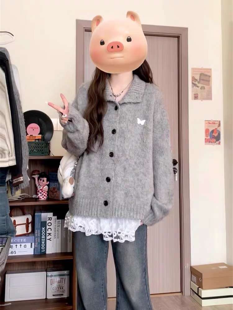 早秋季慵懒风灰色翻领针织开衫外套女2024新款秋冬高级感宽松上衣