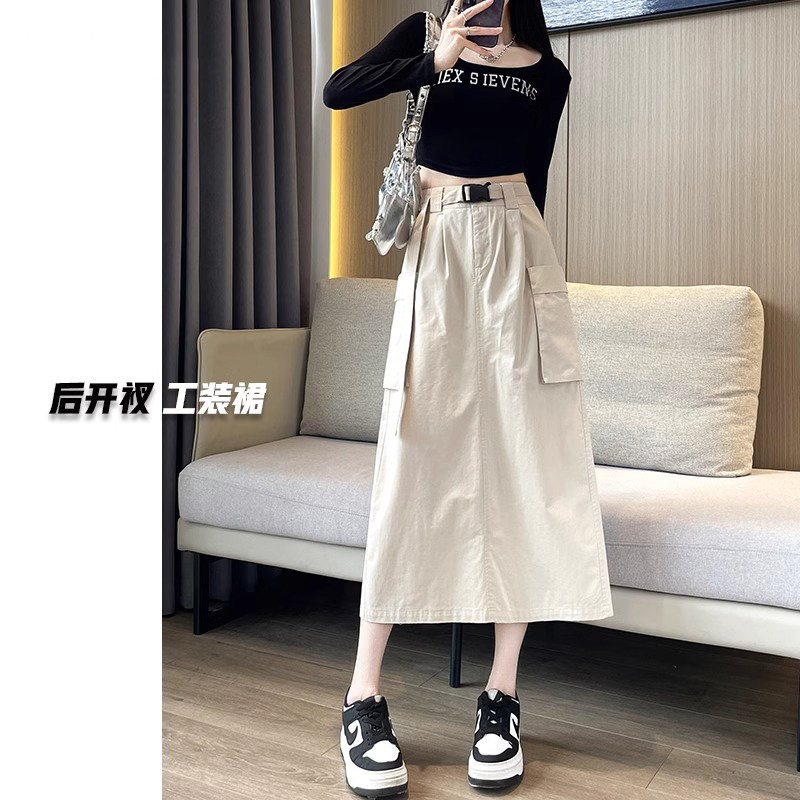 美式休闲工装裙女春秋中长款高腰a字裙子夏季梨形身材显瘦半身裙