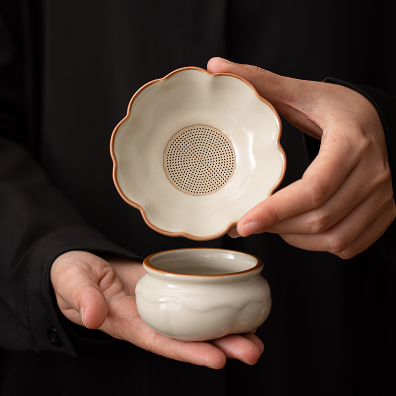 米黄汝窑花型过滤组茶滤茶漏过滤器全瓷一体手工高档神器家用创意