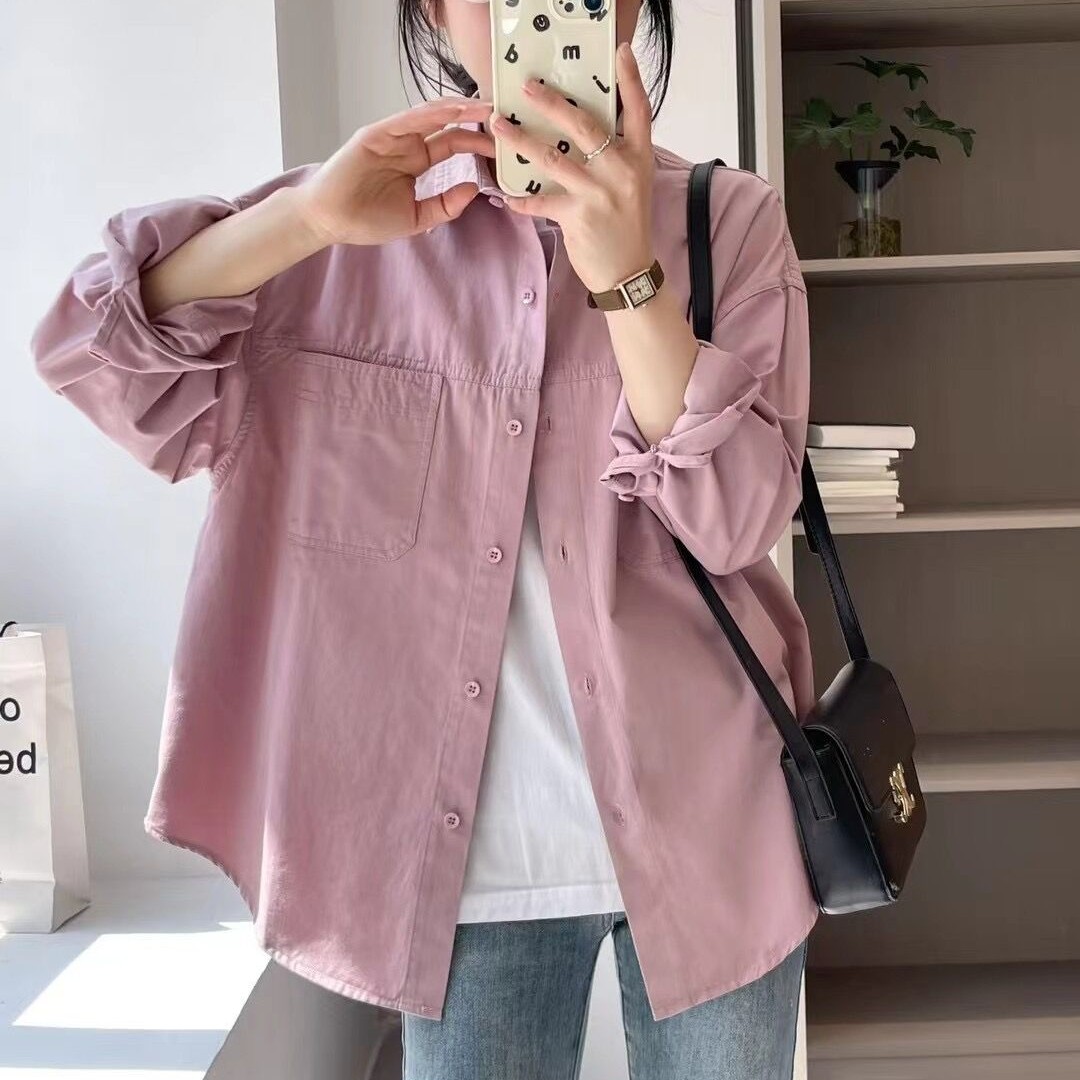 「 高级感 水洗棉衬衫」春秋韩版小众设计感衬衣宽松百搭外套女S013