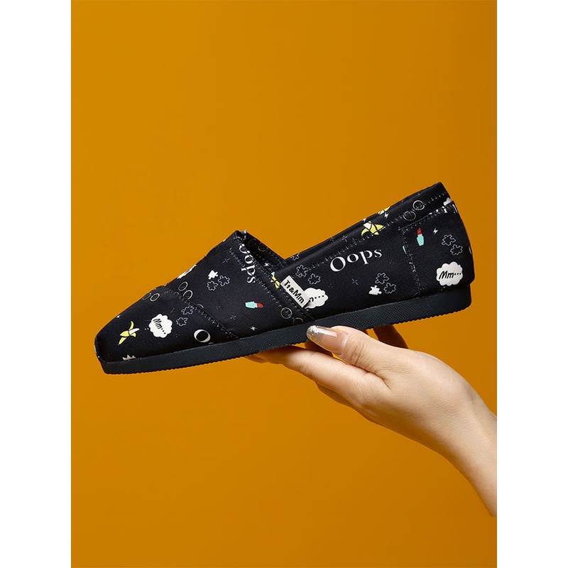 Tt&Mm/汤姆斯低帮圆头涂鸦帆布鞋女鞋软底夏季一脚蹬懒人百搭布鞋