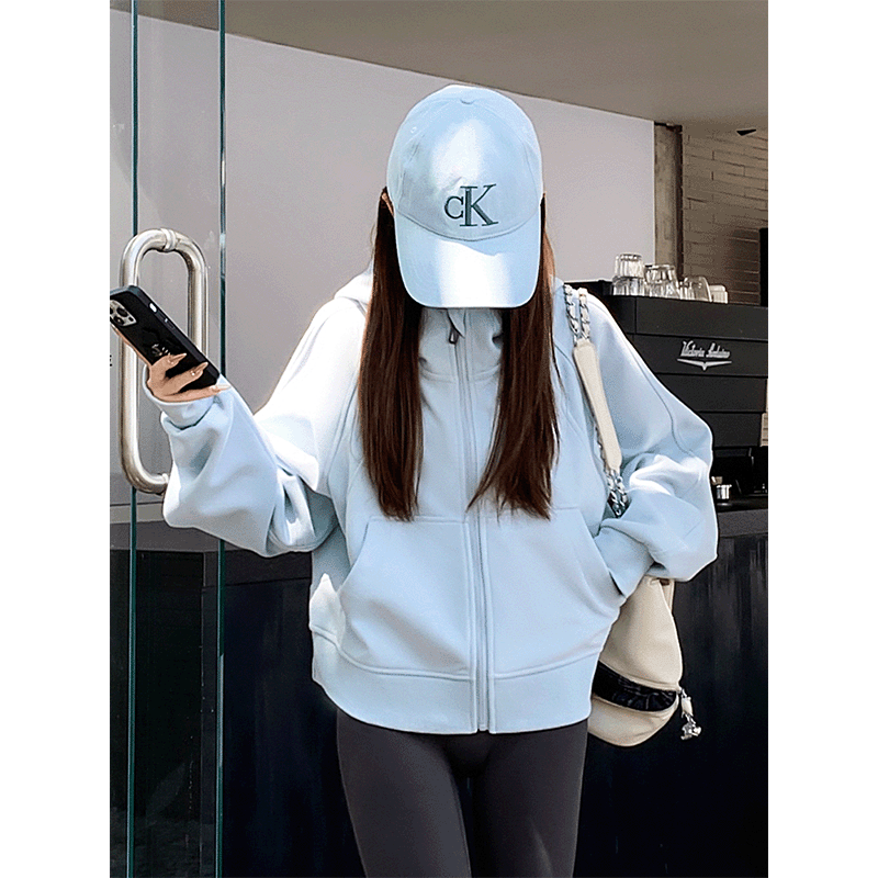 蓝色宽松短款连帽卫衣外套女款春秋爆款2025新款拉链上衣山东即墨