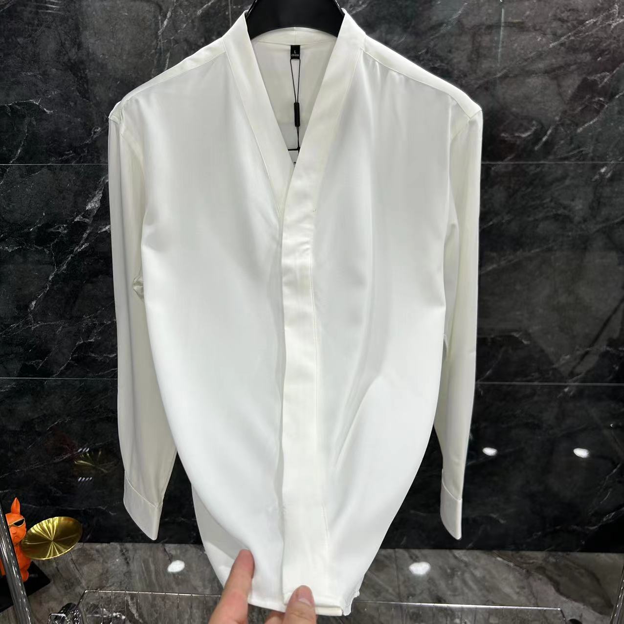 【轻奢】新款男士定制休闲百搭无领白色修身夏季衬衫长袖衬衣36003