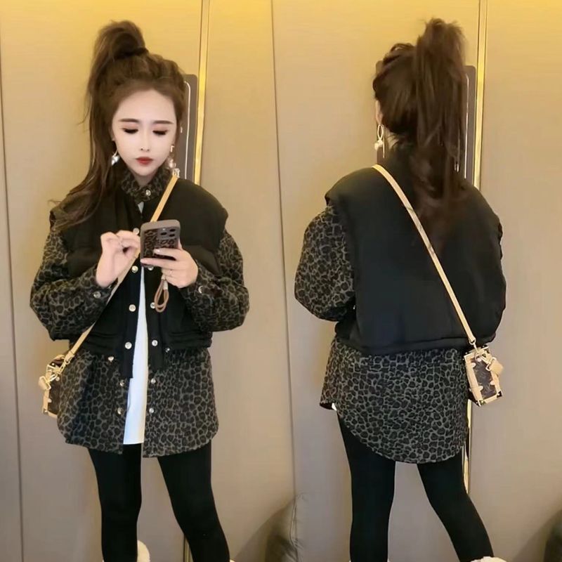 2025冬新款时尚休闲韩版马甲假两件棉服外套女加绒加厚保暖派克服