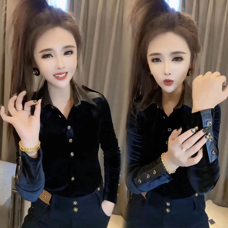 欧货2025年春秋新款韩版时尚长袖金丝绒衬衫女上衣拼接打底衫衬衣