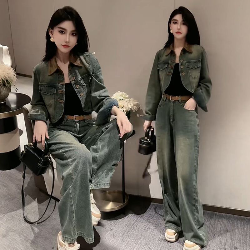 2025春秋季拼接港风复古时尚休闲外套牛仔套装女阔腿直筒裤两件套