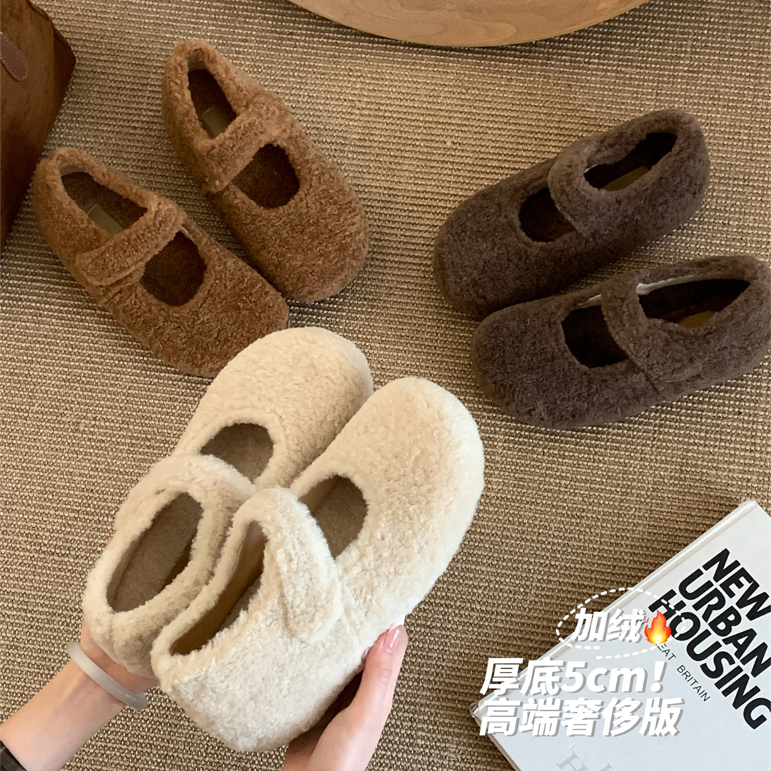 软糯小土豆~内增高5CM毛毛鞋加绒玛丽珍鞋勃肯鞋女秋冬季厚底单鞋