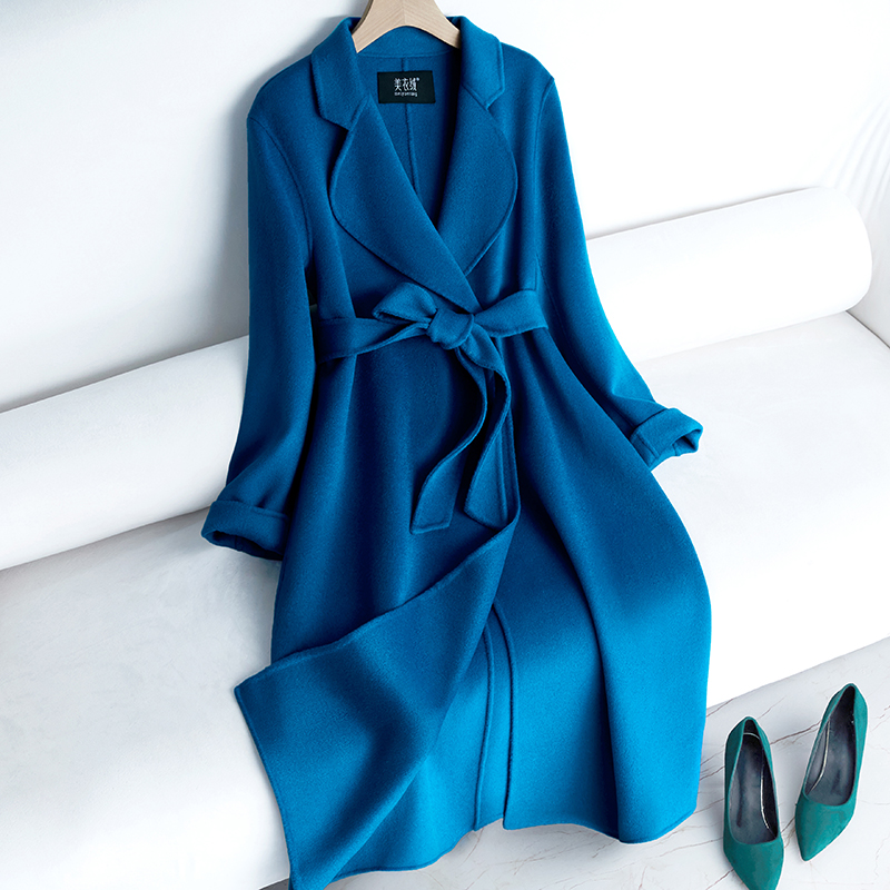 克莱因蓝双面羊毛大衣女中长款秋冬高端赫本风修身显瘦双面呢外套