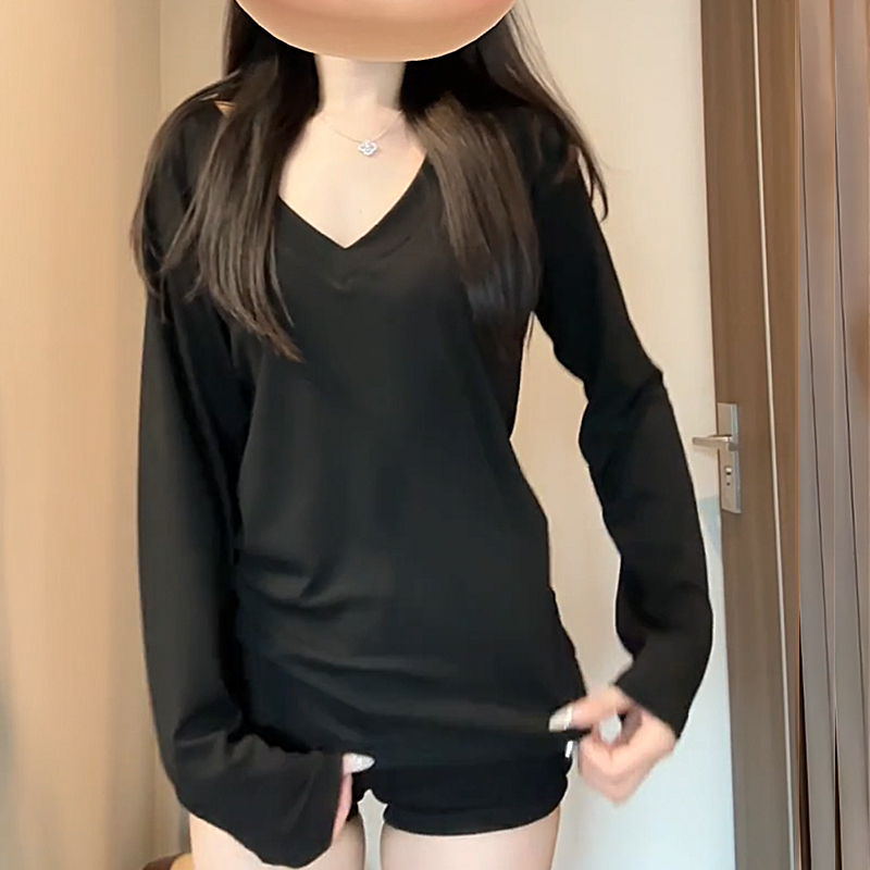秋冬新款灰色长袖V领打底衫基础款纯色修身显瘦性感休闲慵懒上衣