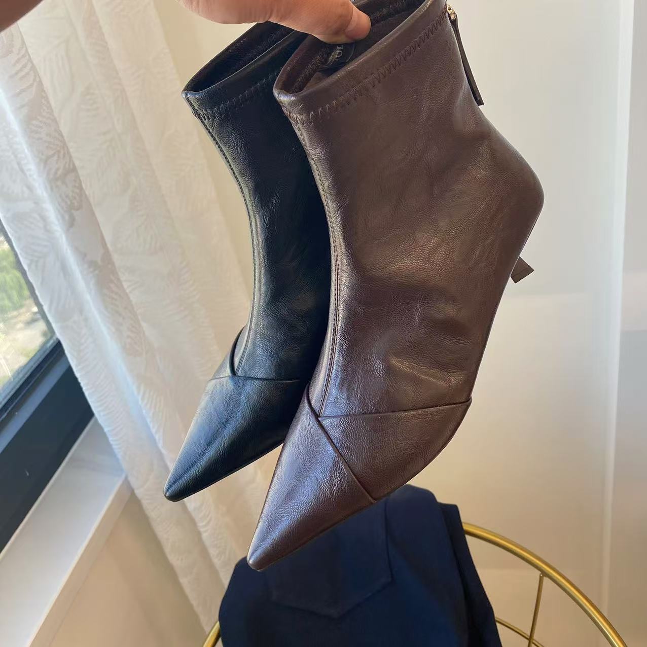 小贝家4cm软皮时尚气质短靴踝靴皮面细跟尖头瘦瘦靴小跟女靴88168