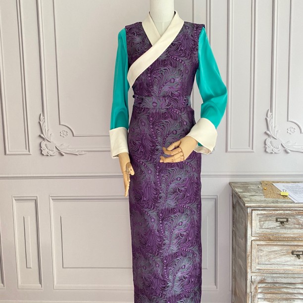 孔雀羽毛紫色假两件西藏裙