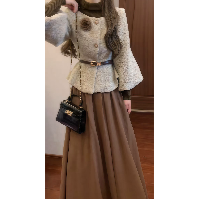 【幽兰茉莉】小蛮腰气质名媛小香风收腰外套&针织衫&半身裙9807