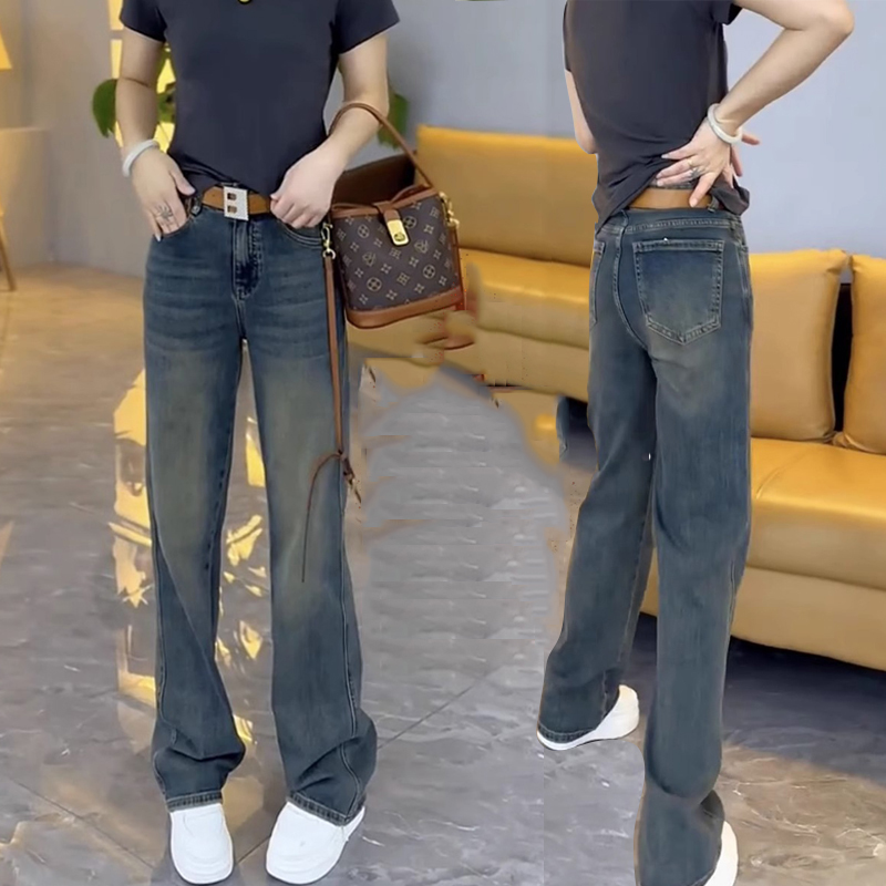 2025秋季窄版直筒牛仔裤女高腰大码梨形身材微胖mm宽松显瘦长裤子