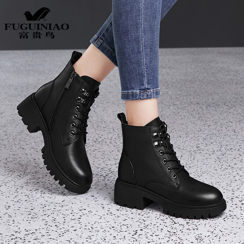 富贵鸟真皮女靴子2021冬季新款女鞋粗跟短靴女加绒保暖马丁靴厚底