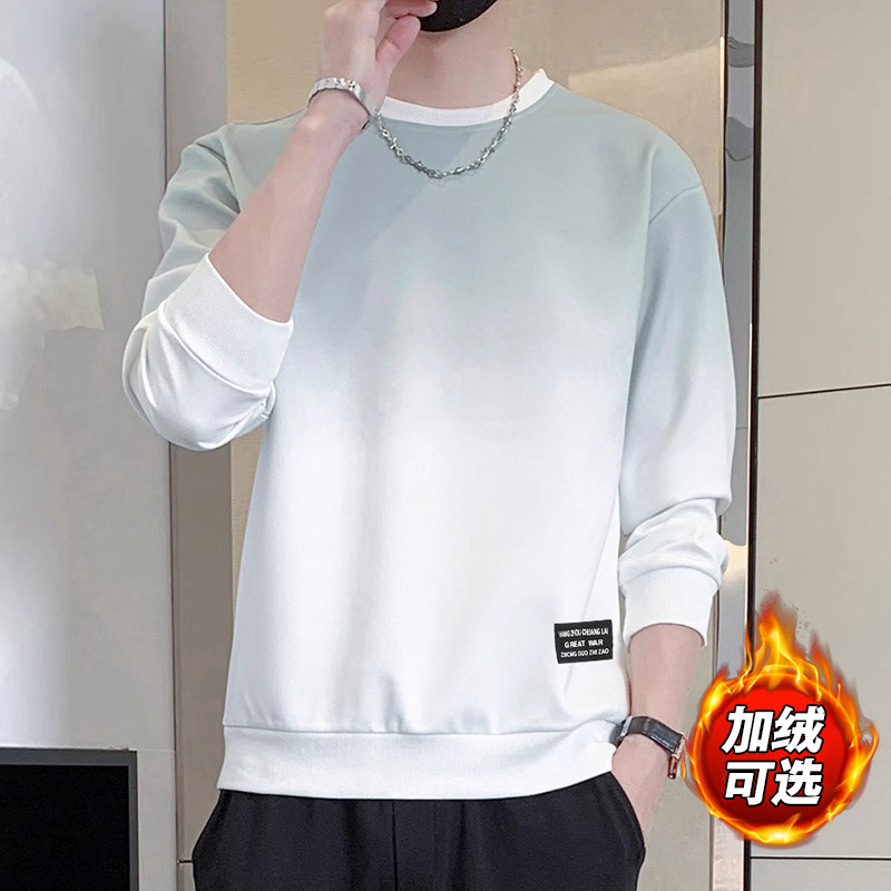 渐变色2025新款圆领卫衣男士春秋冬季加绒潮牌宽松内搭打底衫上衣