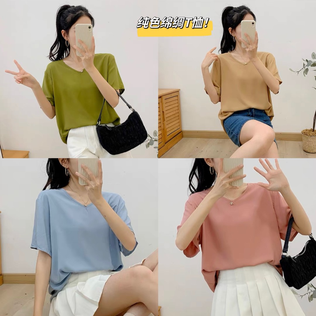 现货清棉绸睡衣女士夏季纯色短袖绵绸V领T恤上衣大码人造棉家居服