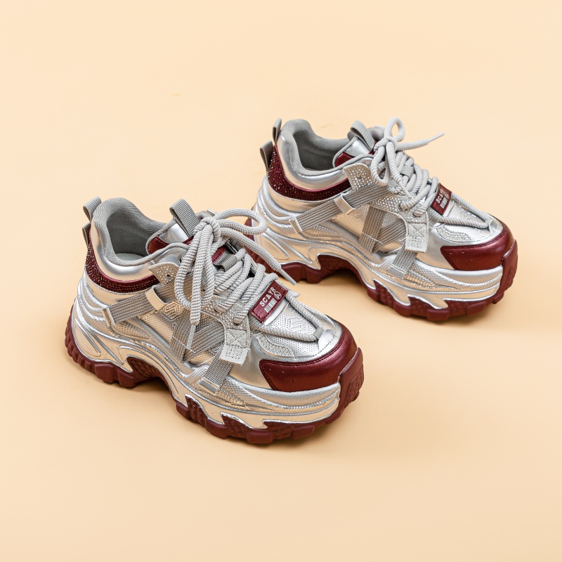 真皮银色老爹鞋女2024秋冬新款内增高加绒女鞋厚底百搭休闲运动鞋