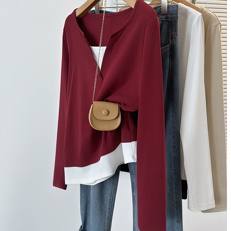 安哥拉红哺乳装春秋外出辣妈款假两件长袖打底秋季喂奶上衣月子服