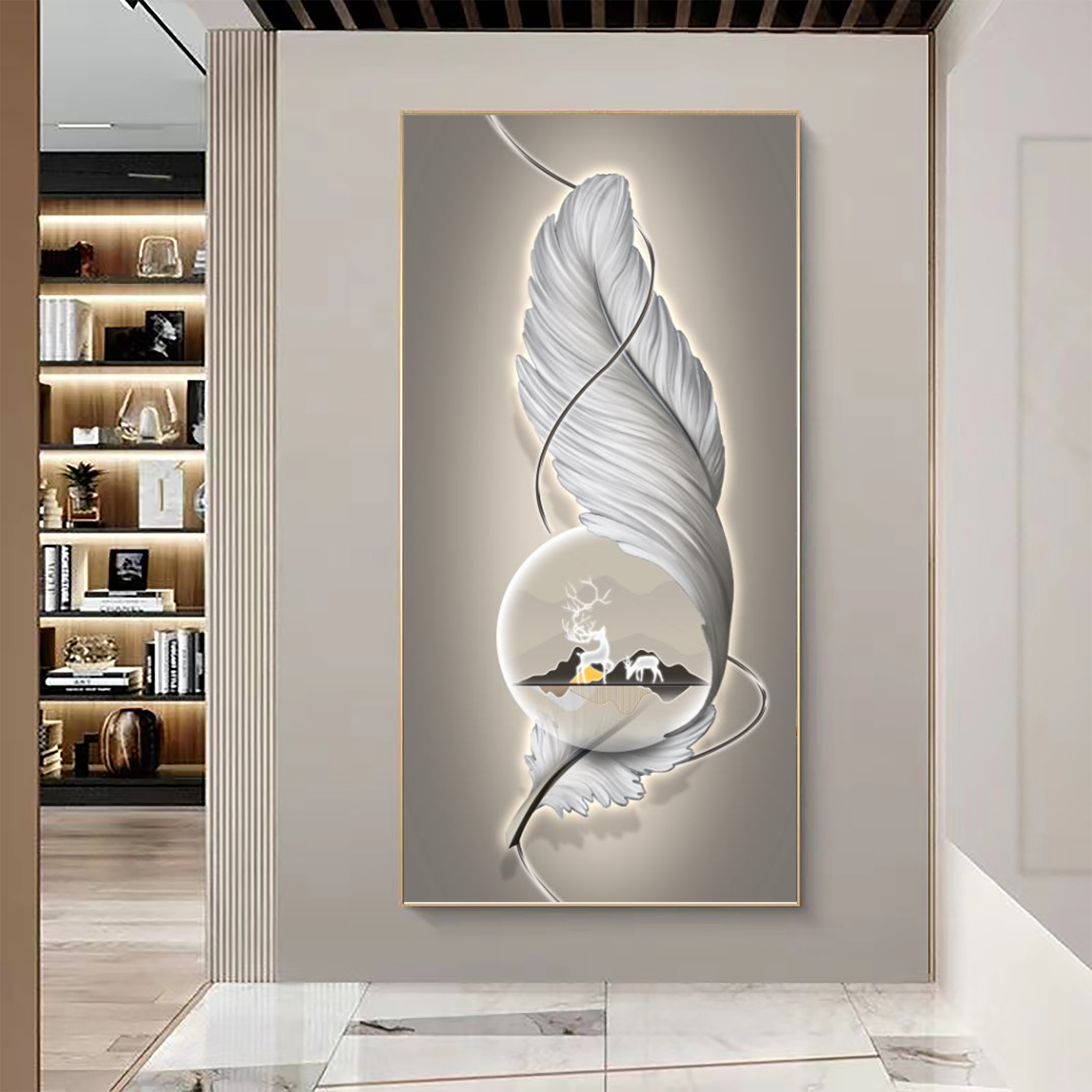 现代简约羽毛入户玄关装饰画轻奢高端走廊过道带灯挂画楼梯处壁画