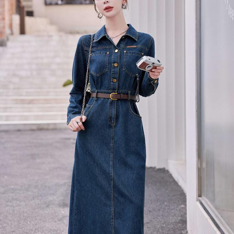 时尚爆款牛仔连衣裙女2025年春秋季新款收腰宽松显瘦气质翻领裙子