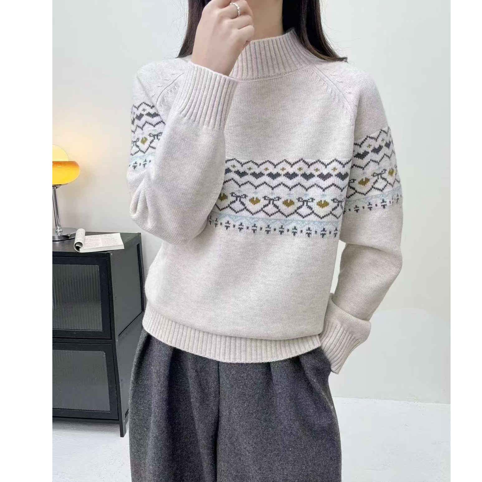 秋冬新款复古风双面提花加厚百搭针织套头毛衣女2303