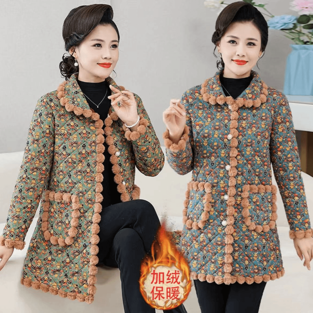 冬季新款洋气妈妈中长款加绒加厚碎花保暖棉袄冬季时尚妈妈装
