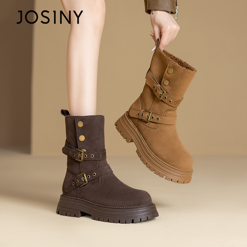 卓诗尼美拉德时装靴女2025冬季新款加绒保暖圆头粗跟厚底增高短靴