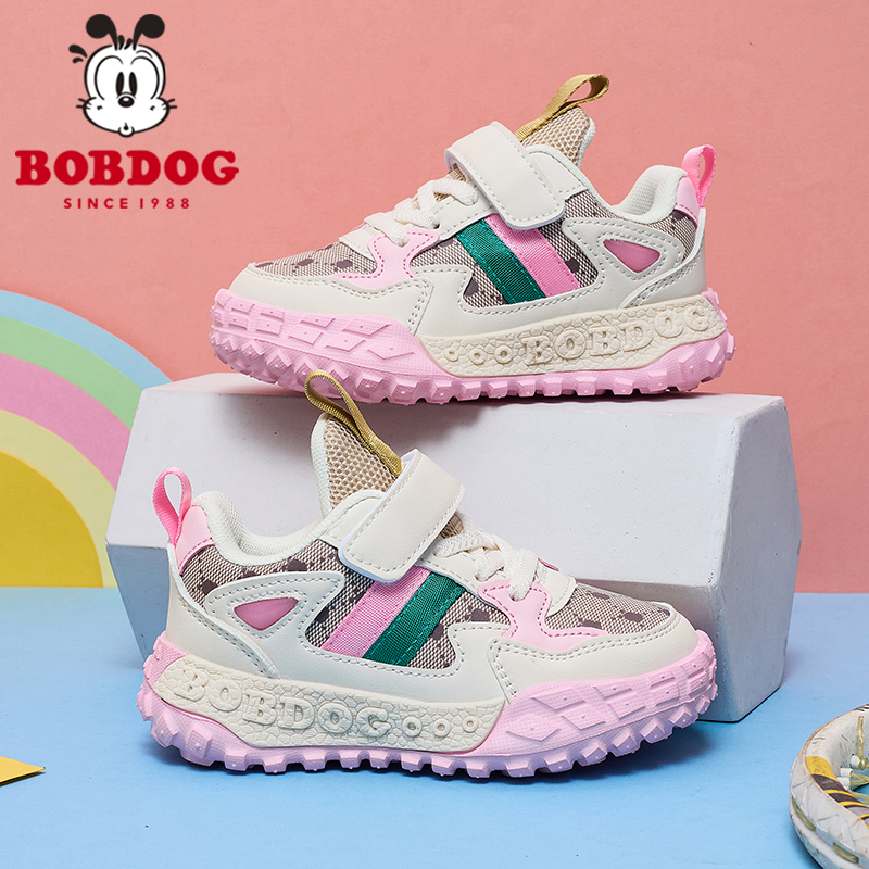巴布豆童鞋女童运动鞋透气网面2025春秋新款皮面软底时尚儿童鞋子