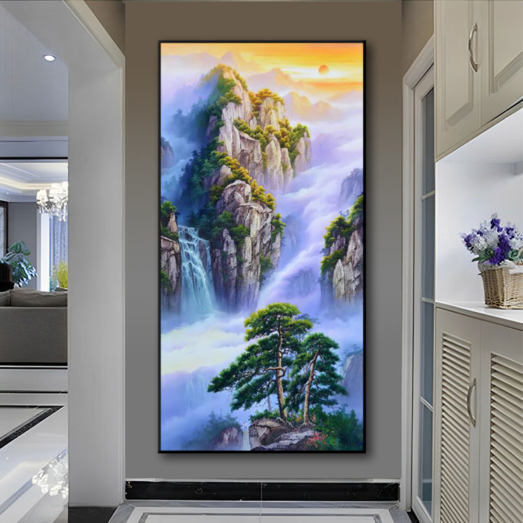 油画玄关带灯装饰画过轻奢道山水画晶瓷画钻石画挂画壁画背景墙