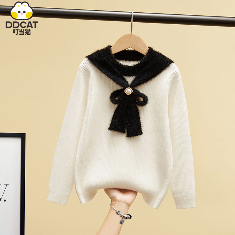 叮当猫女童毛衣秋冬装2024新款洋气中大童女孩加绒加厚套头针织衫