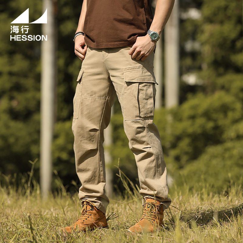 海行卡其色纯棉多口袋工装裤男户外耐磨直筒战术裤宽松休闲长裤