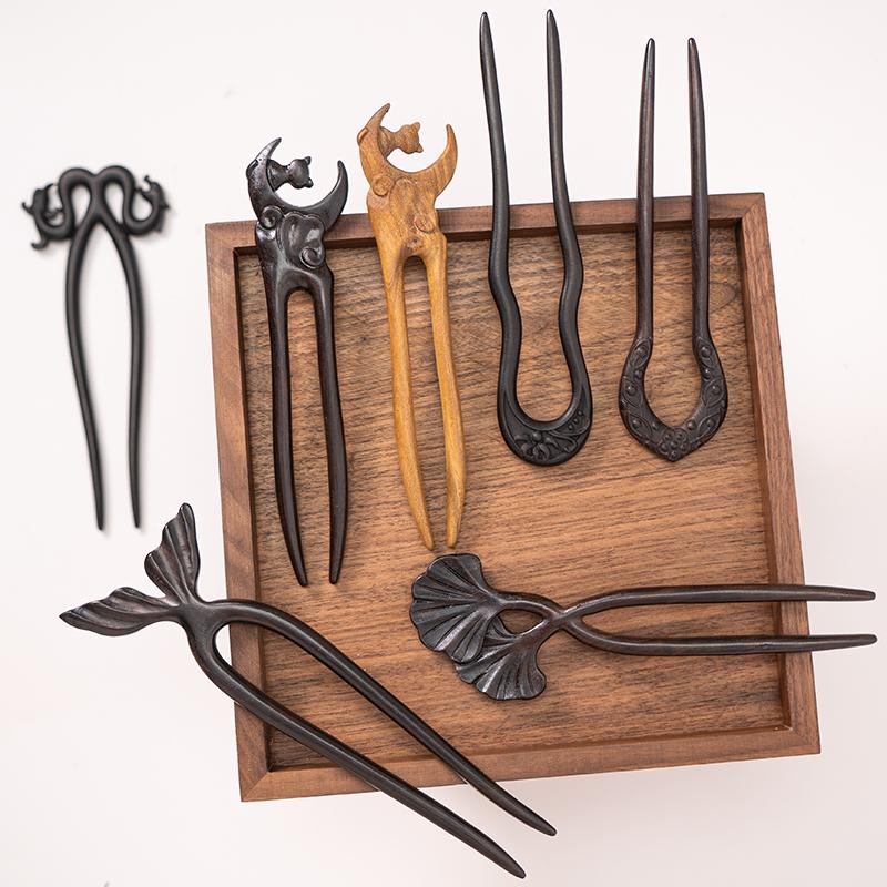 Zang又一雪 新中式u型钗 小猫大鱼龙高级感双面雕盘发檀木发簪女