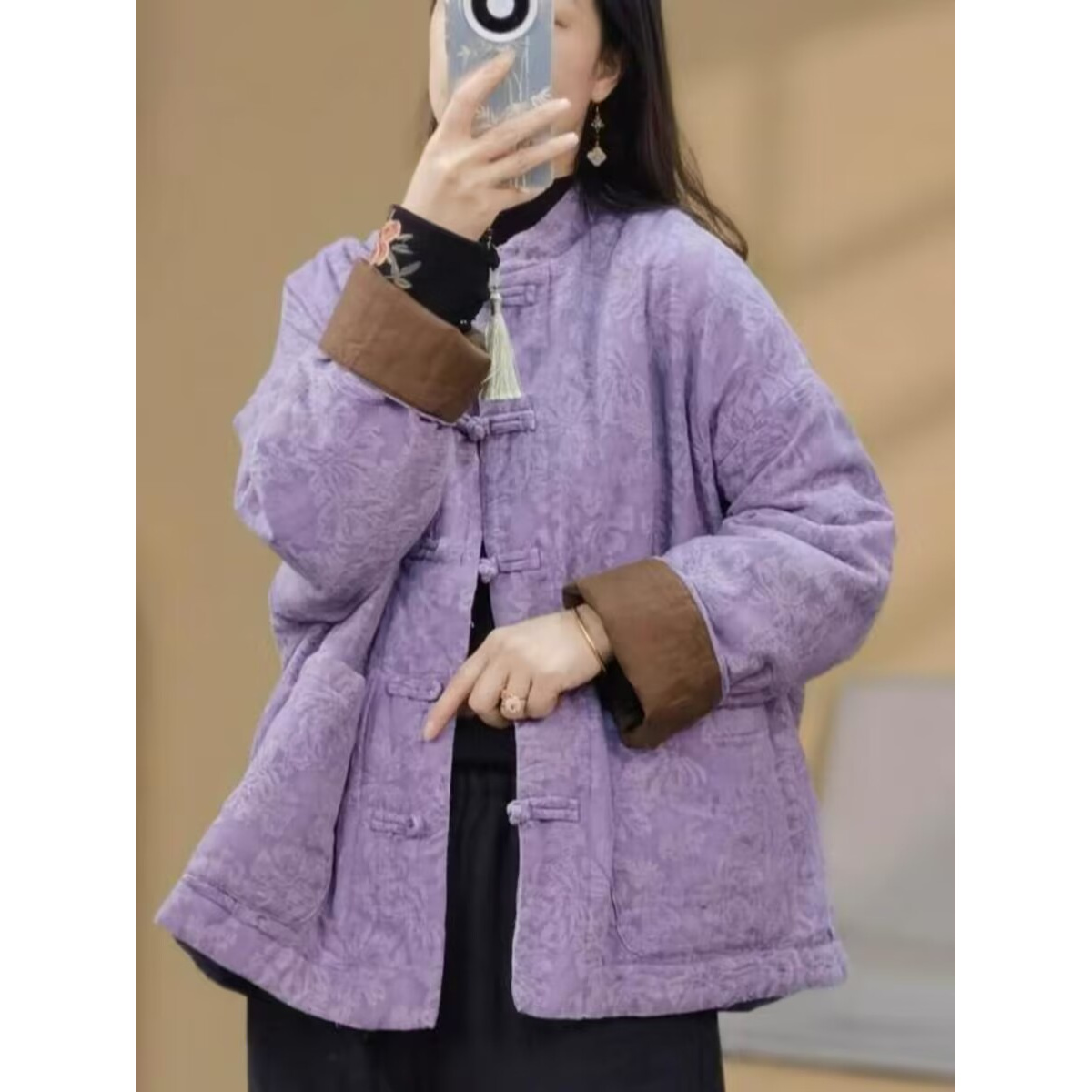 冬季新款复古禅意立领单排盘扣提花棉麻夹棉休闲时尚百搭棉衣外套