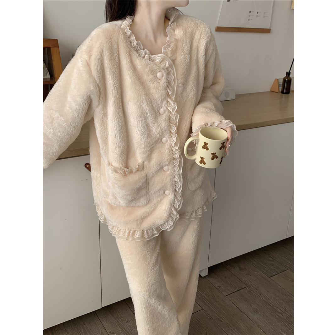公主风甜美蕾丝边冬季加厚珊瑚绒睡衣女保暖长袖法兰绒家居服套装