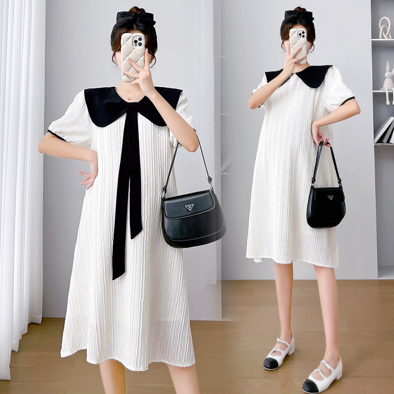 孕妇装夏季新款韩版宽松娃娃领拼色减龄显瘦翻领中长款孕妇连衣裙