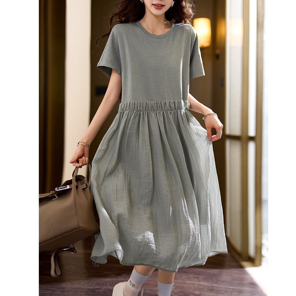 休闲褶皱拼接连衣裙女夏季2025年新款a字裙欧货时尚百搭大码女装