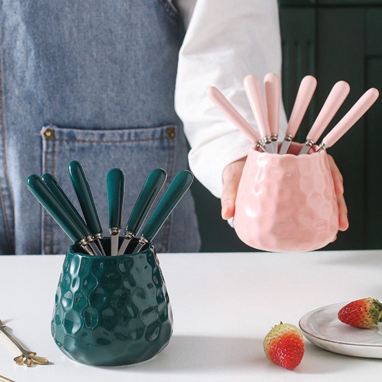 陶瓷手柄家用高级感不锈钢水果叉子餐具套装水果叉水果网红爆款