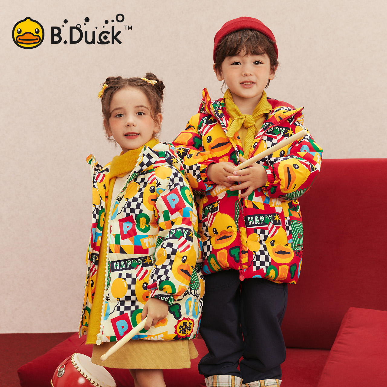 B.Duck小黄鸭童装女童羽绒服儿童中长款防风外套男宝冬装2025新款