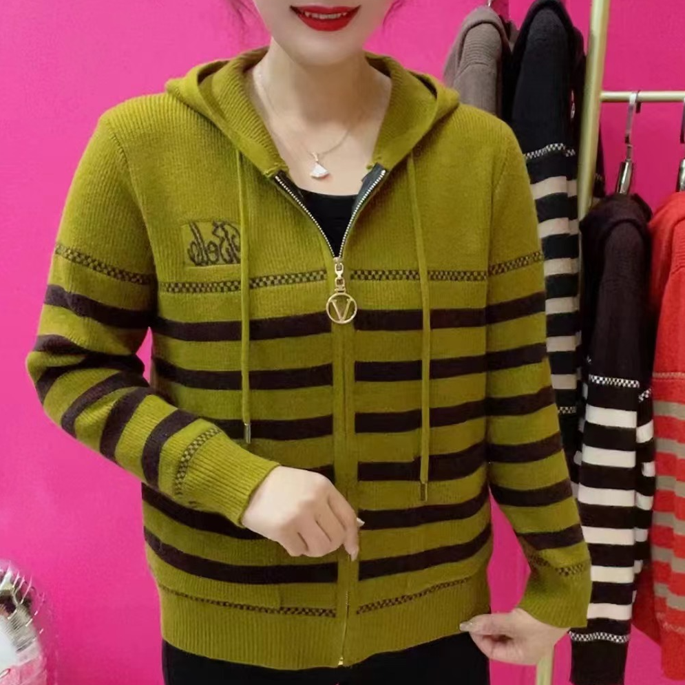 新款时尚条纹拼接长袖外套2024春秋款针织衫宽松休闲拉链宽松女装