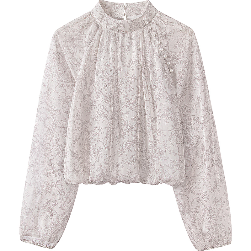 欧若风丝柏舍2025夏季新款女装钉珠装饰插肩袖立领衬衫S41B0696C
