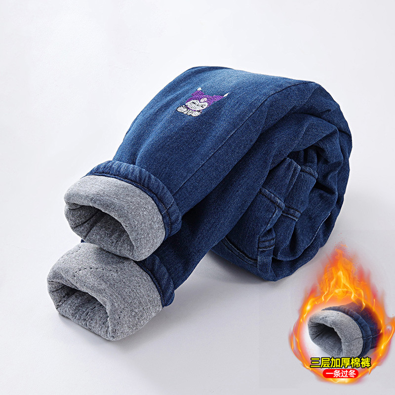 童装女童加绒牛仔裤冬季加厚三层夹棉洋气外穿儿童保暖棉裤子冬款