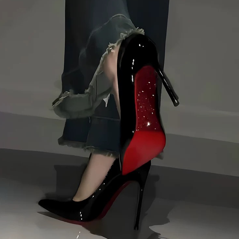 水钻红底高跟鞋女细跟春秋2024新款绝美性感婚鞋黑色漆皮尖头单鞋