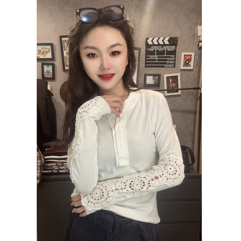 袖口花边设计感长袖T恤女柔软舒适纽扣半开衫上衣
