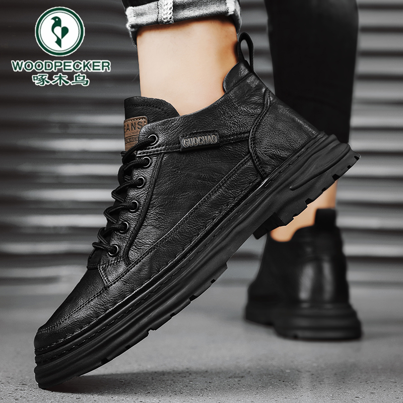 啄木鸟官方正品马丁靴男款冬季防水皮鞋男士英伦风低帮皮面工装鞋